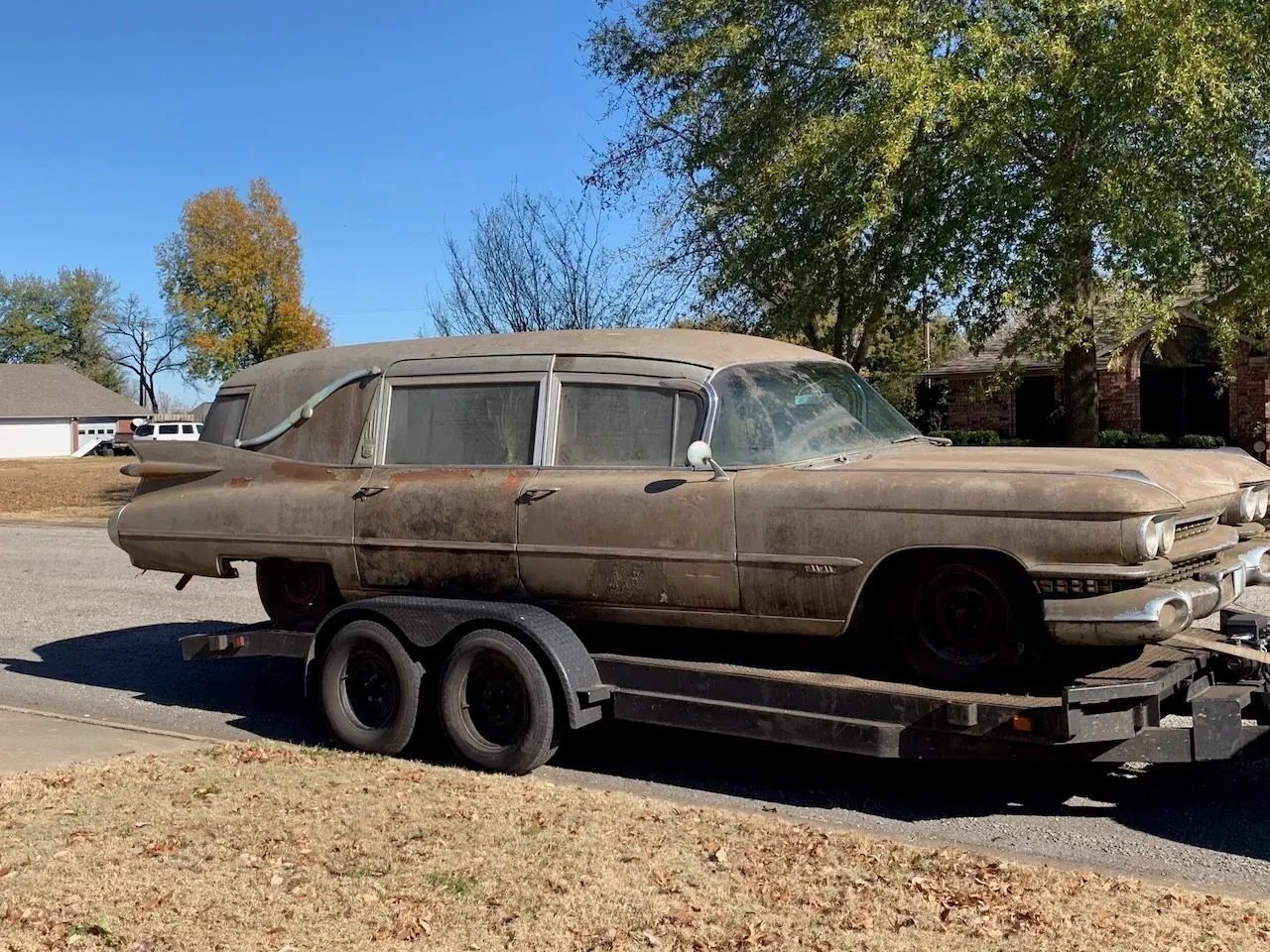 The 1959 Cadillac Miller-Meteor on a trailer, as found in 2020
